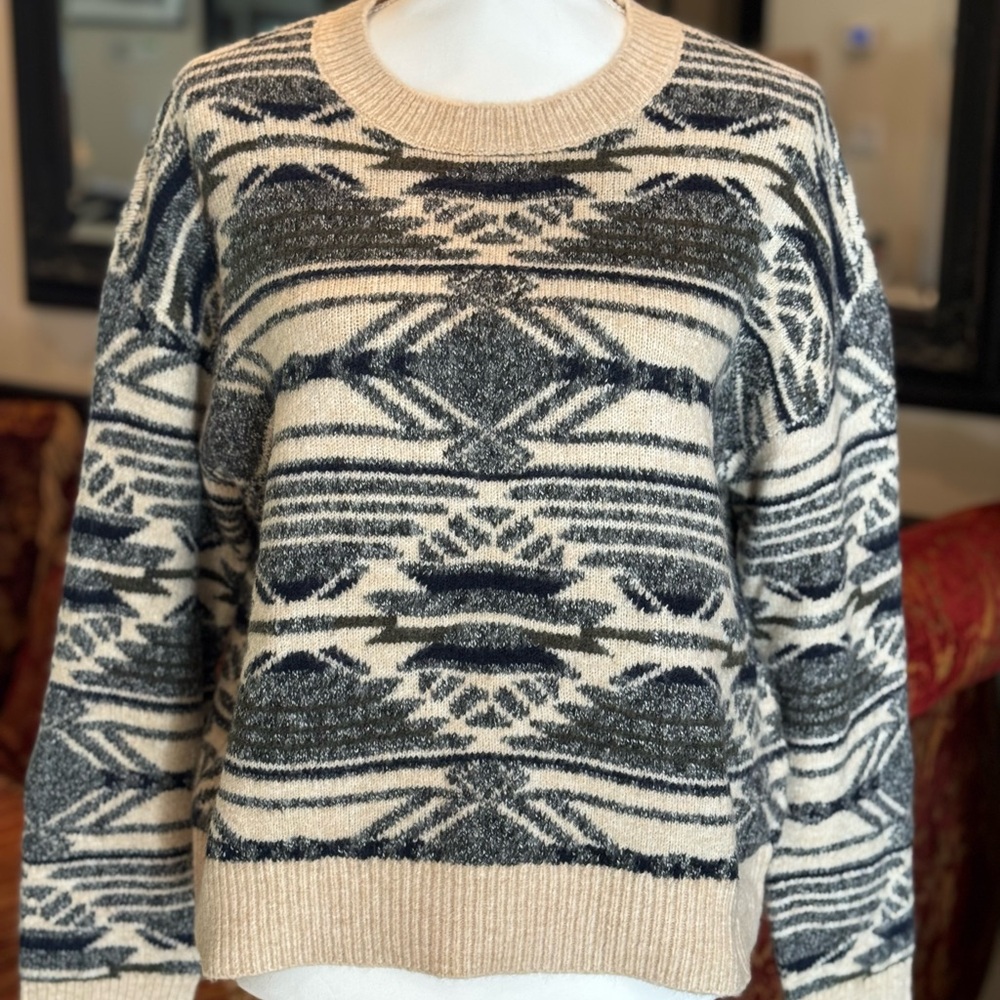 Lucky Brand Cream and Black Crew Neck Sweater with Geometric Pattern